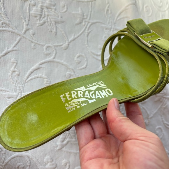 Green Claretta Leather Kitten Heel Sandals by Salvatore Ferragamo Size 9 - Picture 11 of 14